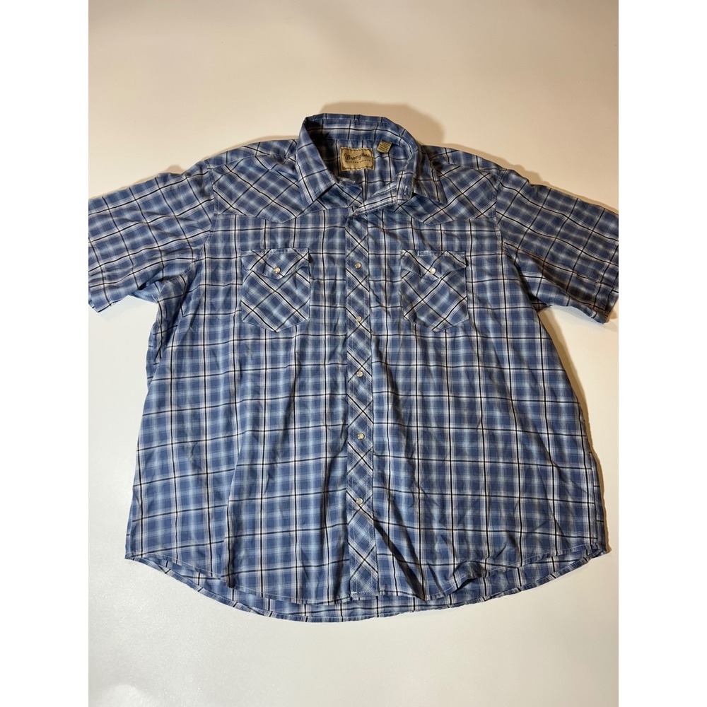 Wrangler Western Shirt Mens 2XL Blue Excellent Plaid Pearl Snap Short Sleeve